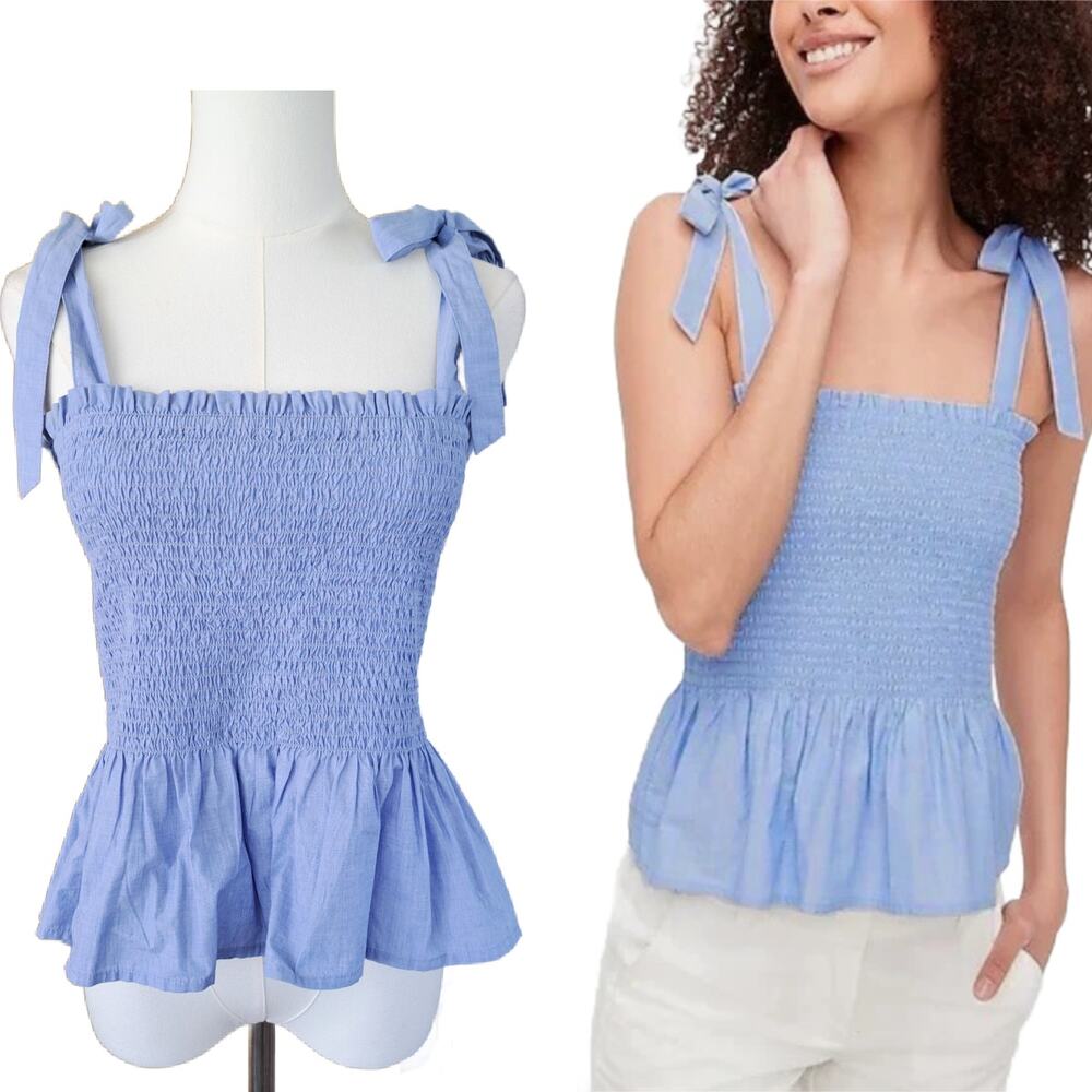 J. CREW Light Blue Smocked Tie Shoulder Top Small Casual Cute Summer Peplum